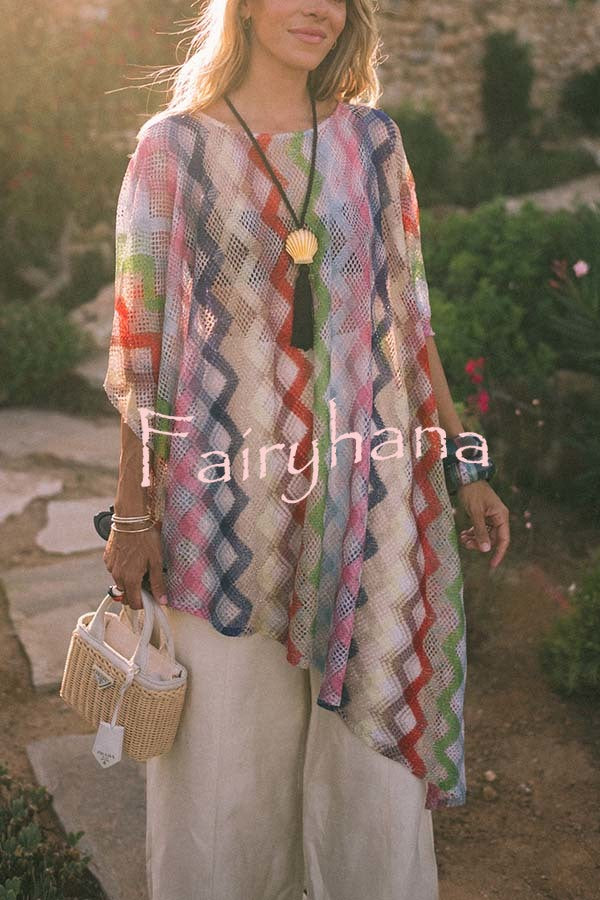 Sun Washed Knit Colorful Zigzag Pattern Asymmetric Hem Loose Cover-ups Kaftan
