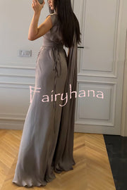 Solid Color Satin Sleeveless Waist Elegant Pleated Ribbon Maxi Dress