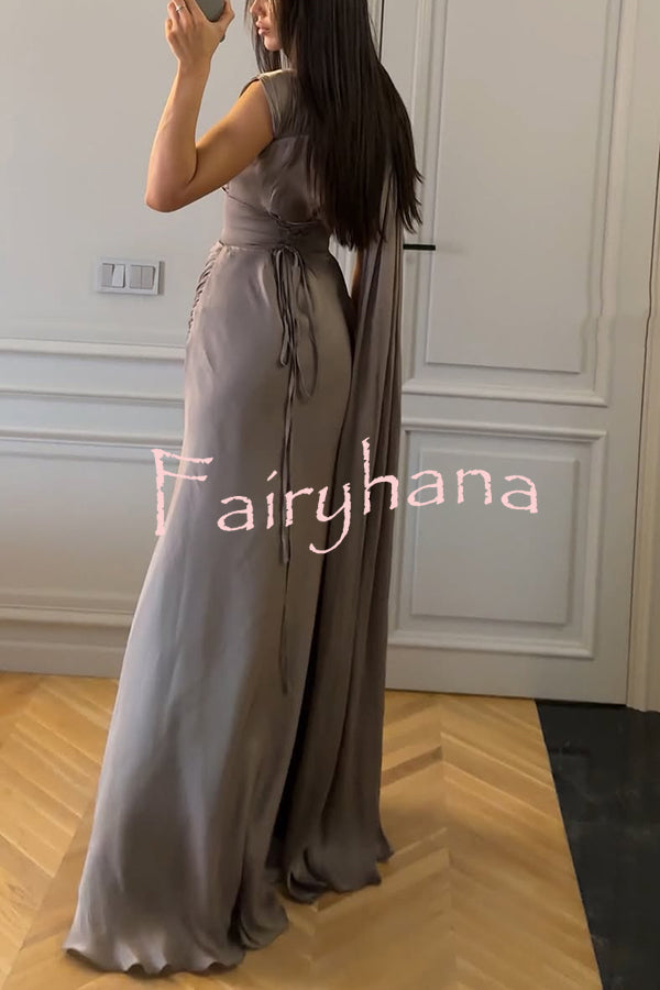 Solid Color Satin Sleeveless Waist Elegant Pleated Ribbon Maxi Dress