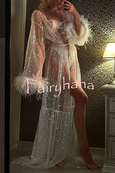 Fashionable Sequined Feather Long-sleeved Vacation Loose Extra-long Sun Protection Cover-up