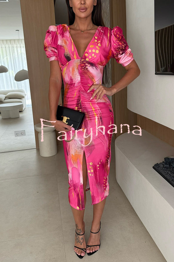 Unique Print V-Neck Puff Sleeve Slit Slim Midi Dress
