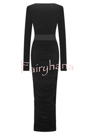 Sexy See-through Long-sleeved V-neck Pleated Slim-fit Maxi Dress