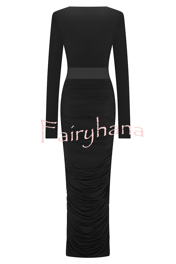 Sexy See-through Long-sleeved V-neck Pleated Slim-fit Maxi Dress