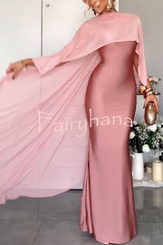 Party Charm Satin Sheer Chiffon High Low Cape Slip Maxi Dress