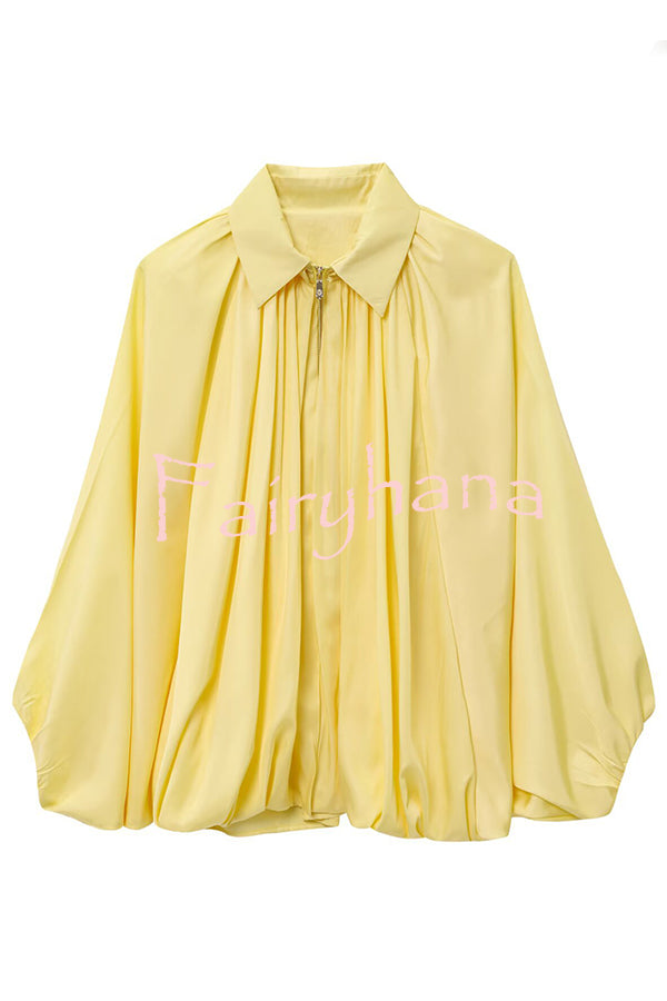 Fashion Lapel Loose Puff Long Sleeve Casual Zipper Jacket