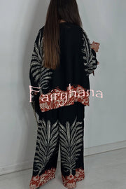 Unique Print Loose Drawstring Long Sleeve Top and Elastic Waist Casual Pocket Wide Leg Pants Set