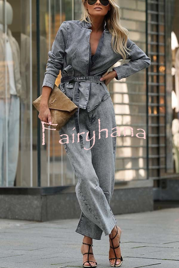 Casual Meetup Denim Stand Neck Long Sleeve Belted Loose Jacket