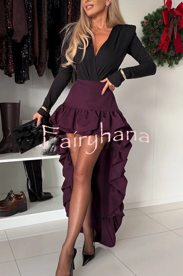 Toast To Midnight Solid Color High Rise Irregular Ruffled High Low Maxi Skirt