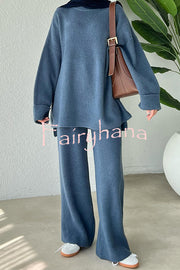 Solid Color Loose Long-sleeved Knit Top and Elastic Waist Casual Straight Leg Pants Set