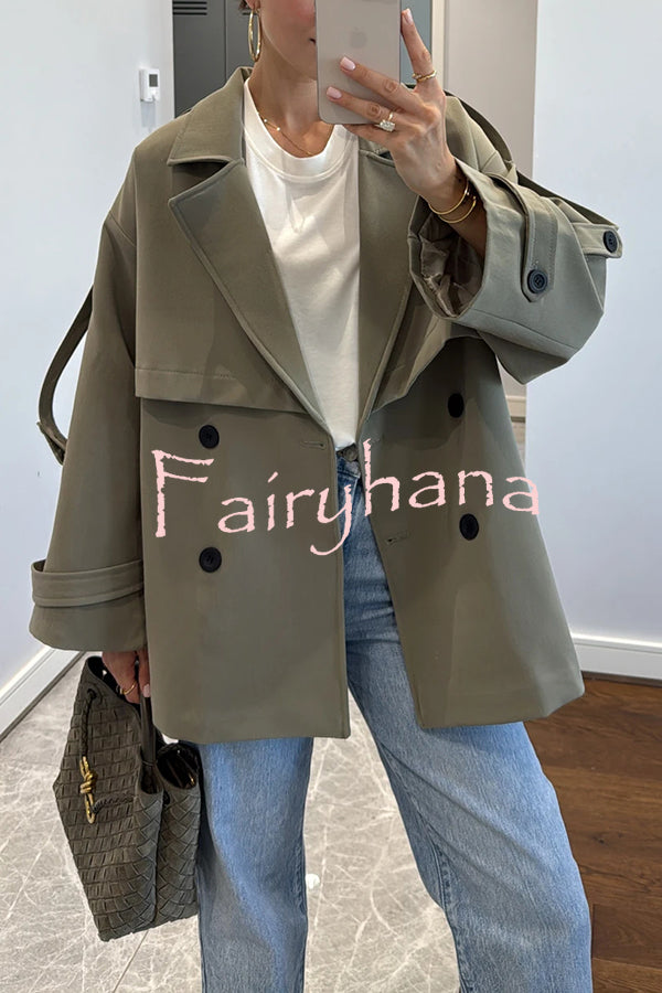 Modern Urban Dropped Shoulder Strap Button Detail Belted Lapel Loose Trench Coat
