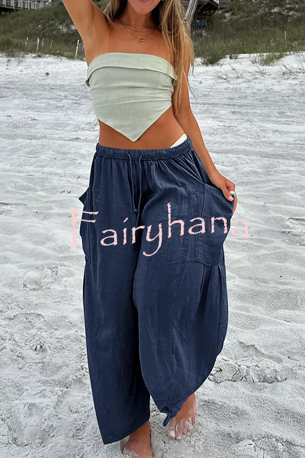 Diani Linen Blend Drawstring Waist Pocketed Loose Pants