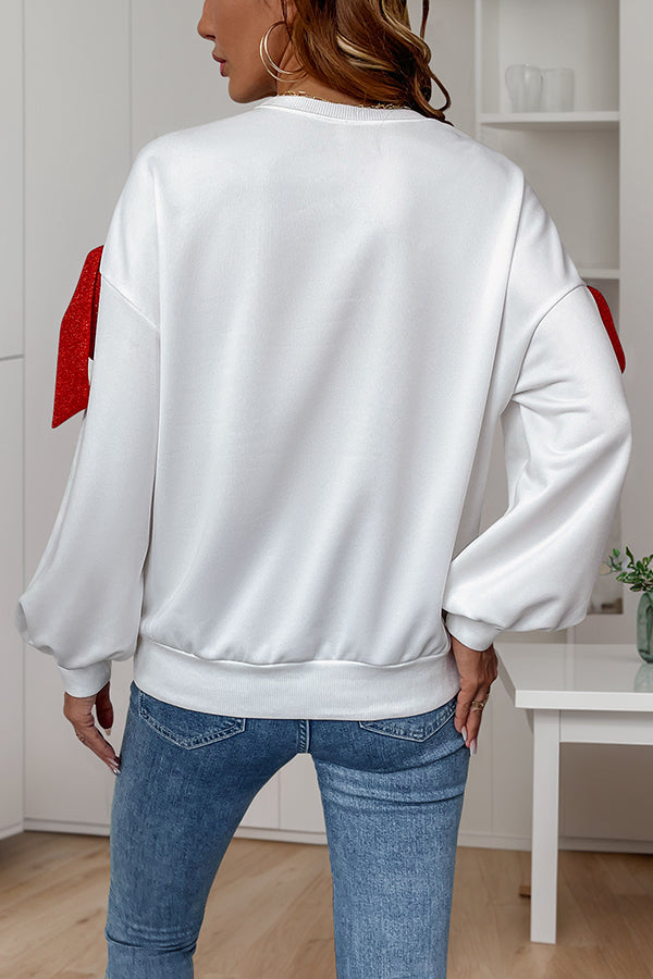 Christmas Contrast Bow Decoration Round Neck Long Sleeve Loose Sweatshirt