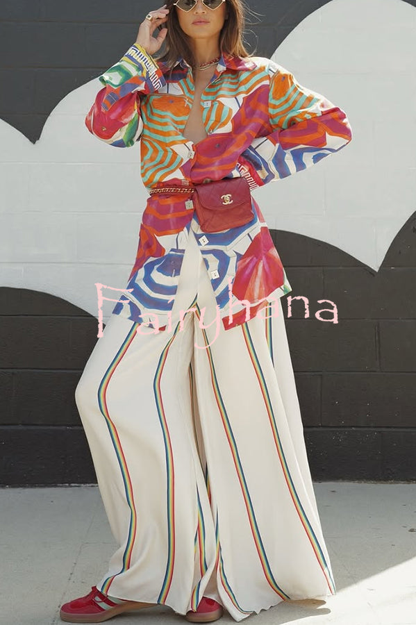 Elouise Satin Color Block Art Print Long Sleeve Button Back Elastic Waist H-line Mini Dress