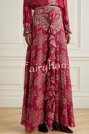 Unique Printed Chiffon Long-sleeved Loose Shirt and Elegant Ruffled Maxi Skirt Set