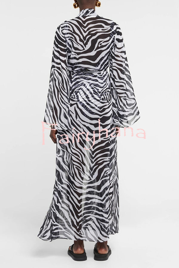 Marsie Zebra-print Elastic Drawstring Waist Long Bell Sleeve Cover-up Kimono