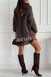 Cozy Ember Knit High Neck Long Sleeve Relaxed Sweater Mini Dress