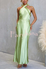Satin Fashion Halter Backless Slim Elegant Maxi Dress