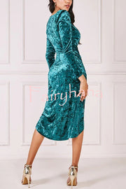 Solid Color Velvet Long-sleeved Slim-fit Slit Midi Dress