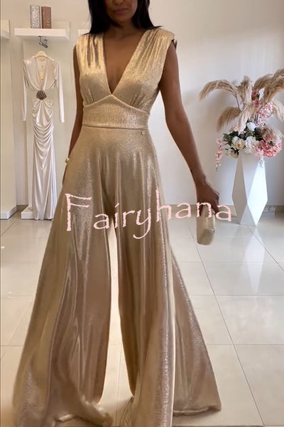 Roisin Metallic Fabric Ruched Shoulder V-neck Wide Leg Drape Jumpsuit