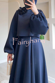 Solid Color Flower-embellished Lantern Sleeve Loose Top and Casual Maxi Skirt Set