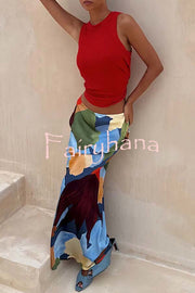 Bright and Bold Satin Abstract Color Blocks Print Elastic Waist Drape Maxi Skirt