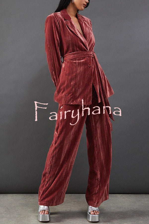 Solid Color Velvet Long-sleeved Waist Tie Top and Elastic Waist Casual Pocket Straight-leg Pants Set