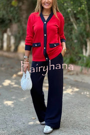 Stylish Color-blocked V-neck Knitted Button-down Cardigan and Elastic Waist Casual Wide-leg Pants Set
