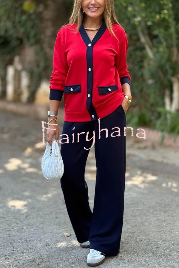 Stylish Color-blocked V-neck Knitted Button-down Cardigan and Elastic Waist Casual Wide-leg Pants Set