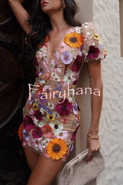 Garden Gala Embroidered Floral Applique Puff Sleeve Mini Dress