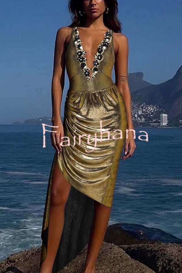 Solid Color Shiny Fabric Deep V Metal Embellished Stretch One-piece Swimsuit