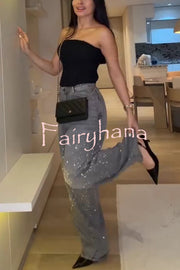 Fashion Star Rhinestone High Rise Casual Pocket Straight Loose Jeans
