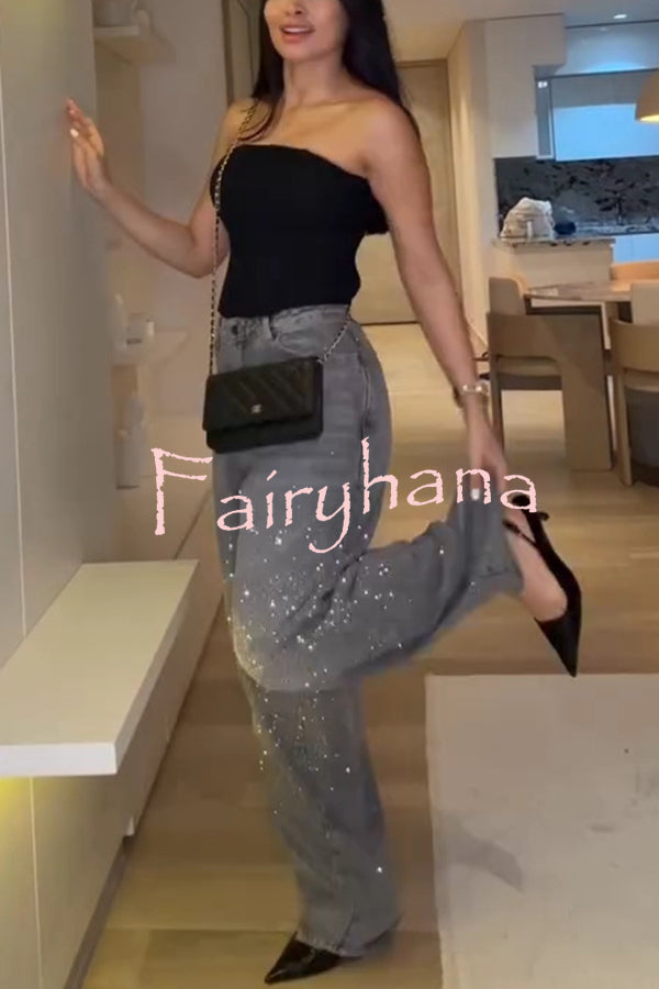 Fashion Star Rhinestone High Rise Casual Pocket Straight Loose Jeans