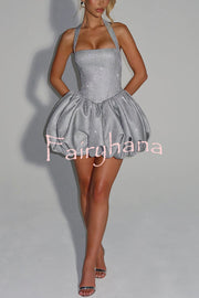 Araminta Glitter Fabric Square Halter Tie Neck Back Lace-up Fluffy Bubble Mini Dress