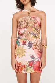 Geneva Mesh Rosette Hardware Cutout Ruched Stretch Mini Dress