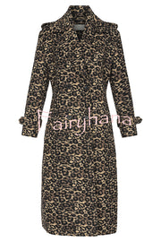 Leopard Affair Animal Print Epaulettes Long Sleeve Pocketed Lapel Midi Trench Coat