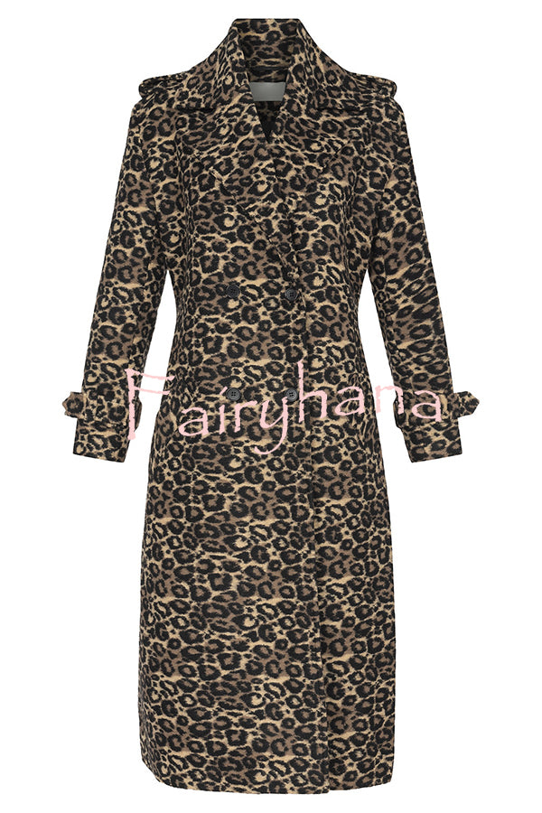 Leopard Affair Animal Print Epaulettes Long Sleeve Pocketed Lapel Midi Trench Coat