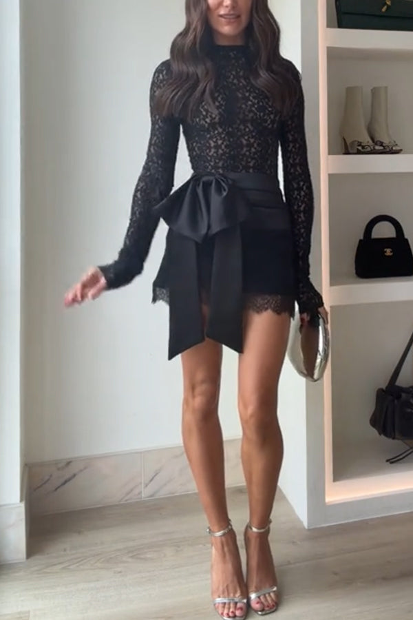 Anna Satin Bow Appliqué Mid Rise Lace Hem Mini Skirt