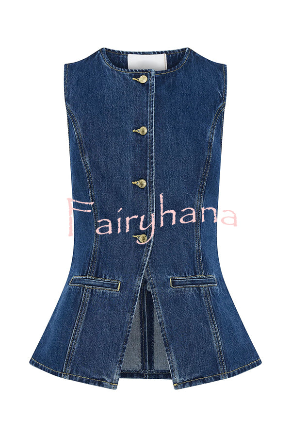 Abel Denim Button Up Princess Seams Pocket Vest Top
