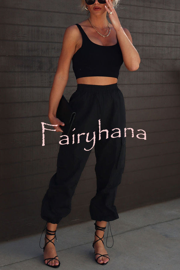 Let’s Rewind Nylon Elastic Waist Pocketed Cargo Pants