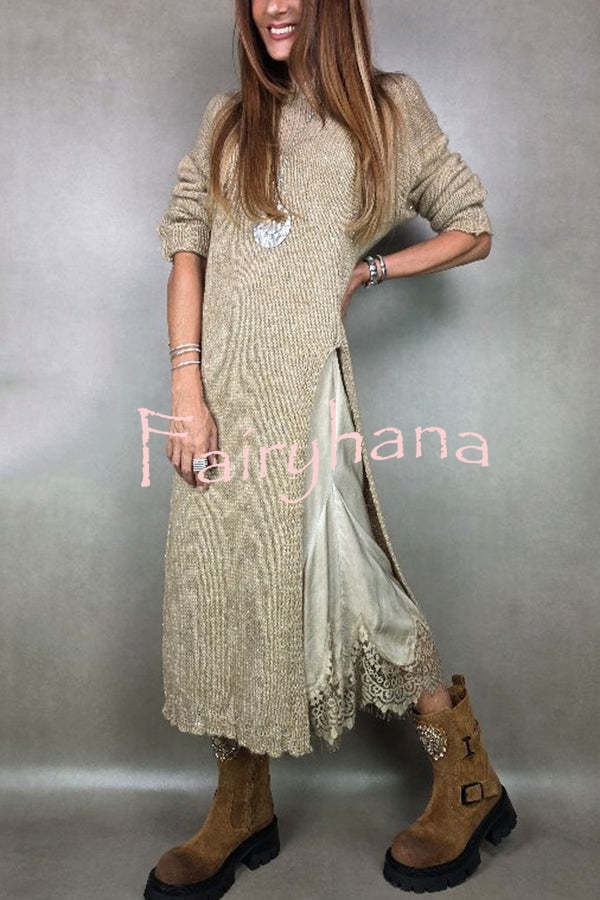 Solid Color Knitted Long-sleeved Casual Slit Midi Dress