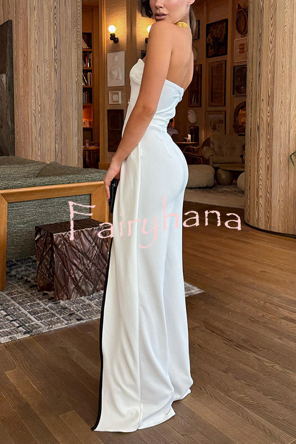 Fashionable Contrast Color Off-shoulder Metal Decoration Casual Elegant Jumpsuit