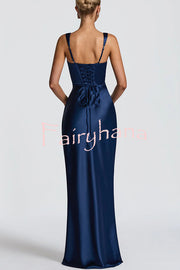 Calanthe Satin Square Neck Ruched Back Lace-up Drape Mesh Scarf Maxi Dress