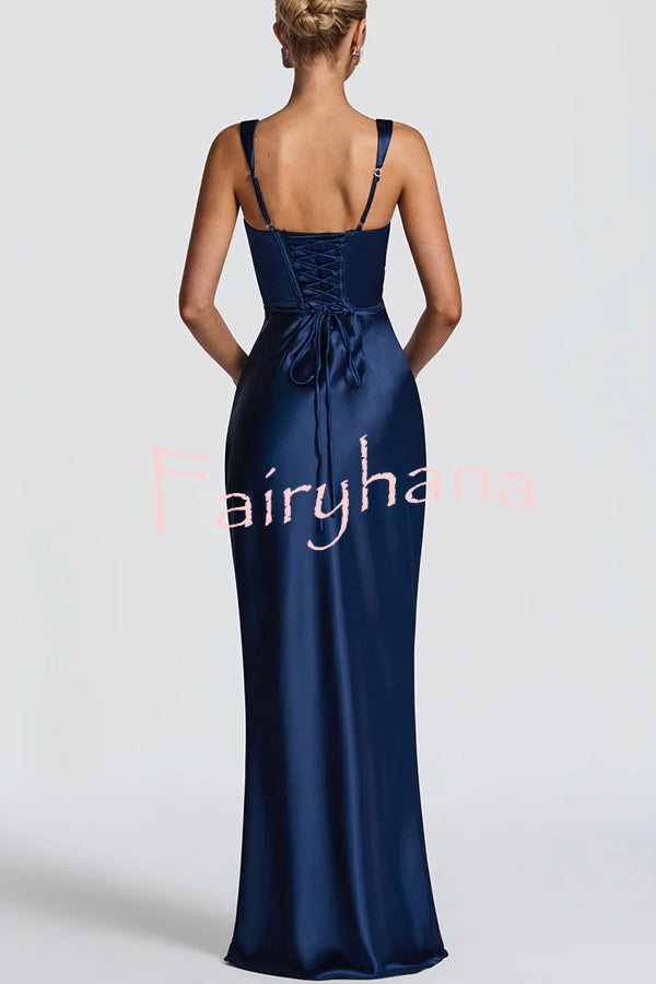 Calanthe Satin Square Neck Ruched Back Lace-up Drape Mesh Scarf Maxi Dress