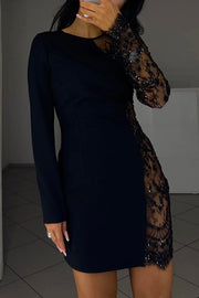 Cocktails First Floral Sequin Bead Patchwork Long Sleeve Mini Dress