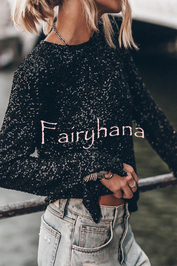 Exclusive Party Sequin Extra Long Slit Sleeves Open Back Top