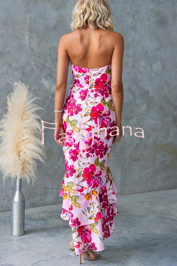 Floral Fantasy Printed Halterneck Backless Slit Ruffles Maxi Dress