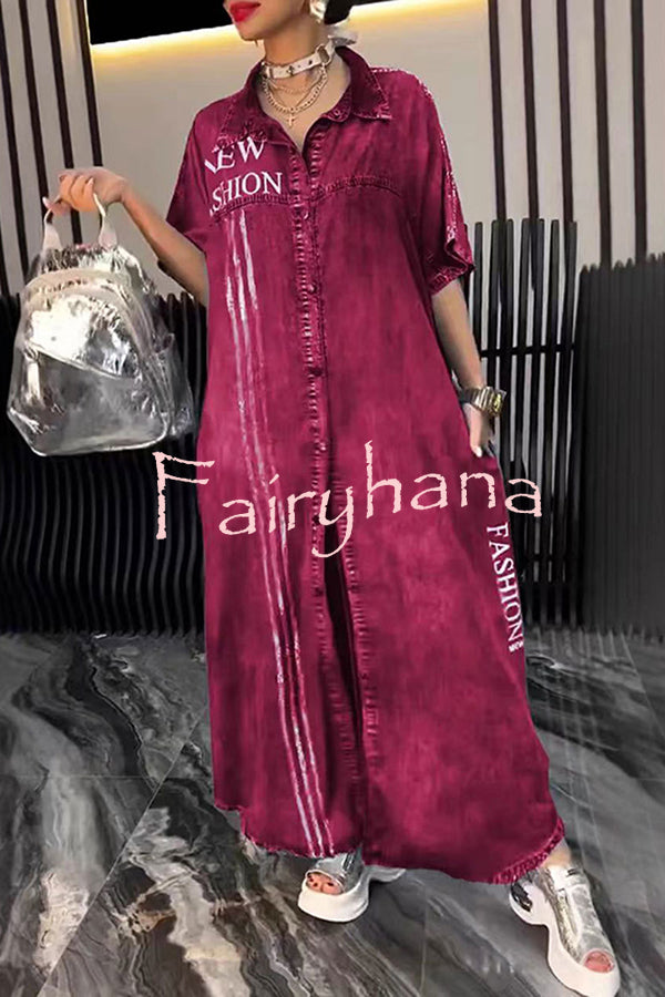 Fashion Letter Print Lapel Cardigan Loose Maxi Dress