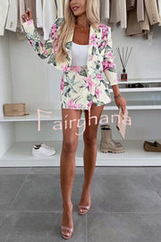 Picture Perfect Botanical Floral Print Long Sleeve Lapel Crop Blazer