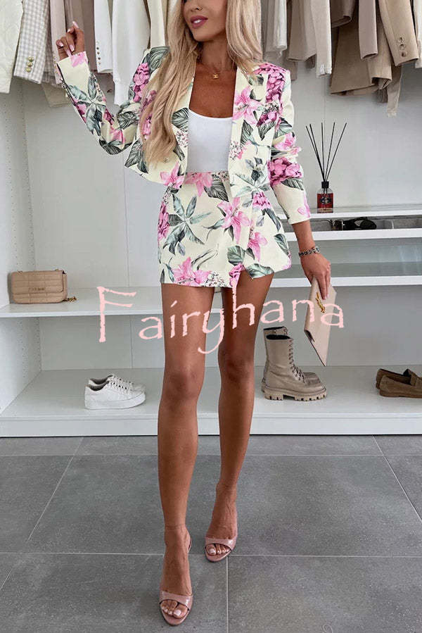 Picture Perfect Botanical Floral Print Long Sleeve Lapel Crop Blazer