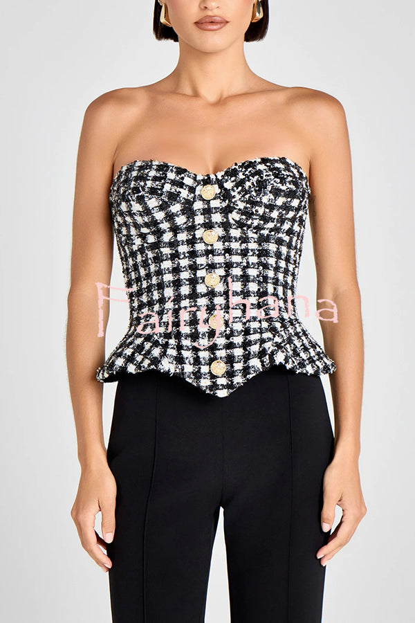 Maya Check Bouclé-tweed Fabric Sweetheart Neck Gold Button Strapless Tank